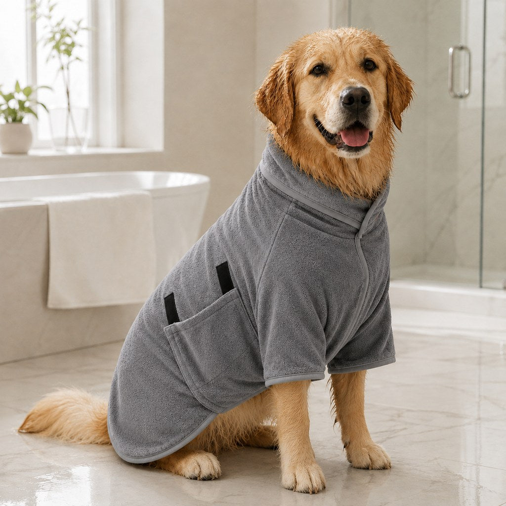 Ortekor Quick-Dry Microfiber Dog Bathrobe – Absorbent Drying Coat for Baths, Rain & Swimming to Help Reduce Wet-Dog Mess