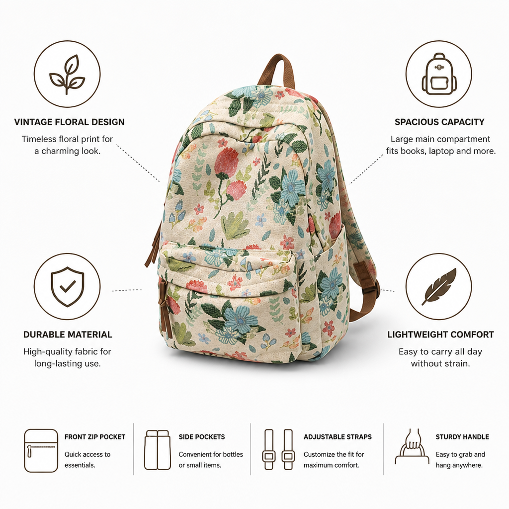 Vintage Floral Large-Capacity Backpack (School & Travel)