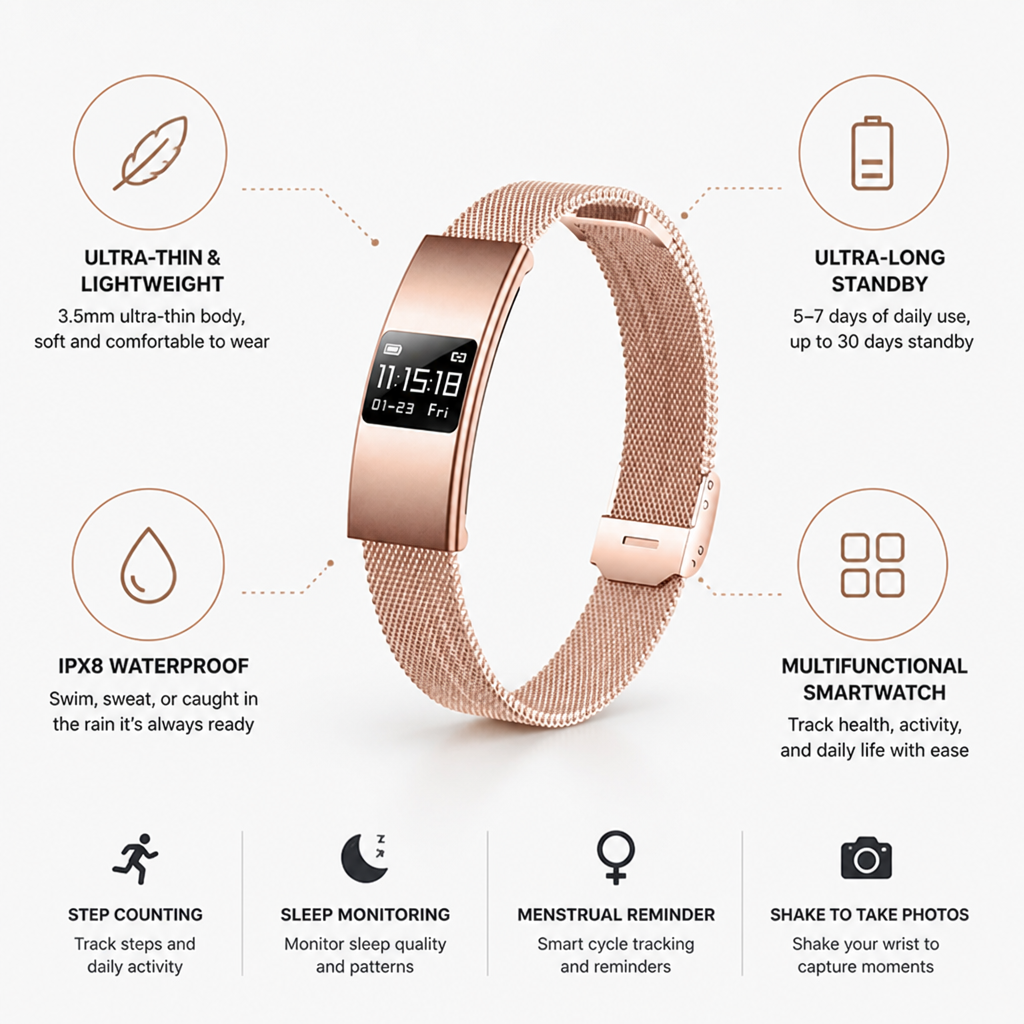 Ultra-Thin IPX8 Health-Tracking Smartwatch (Long Standby)