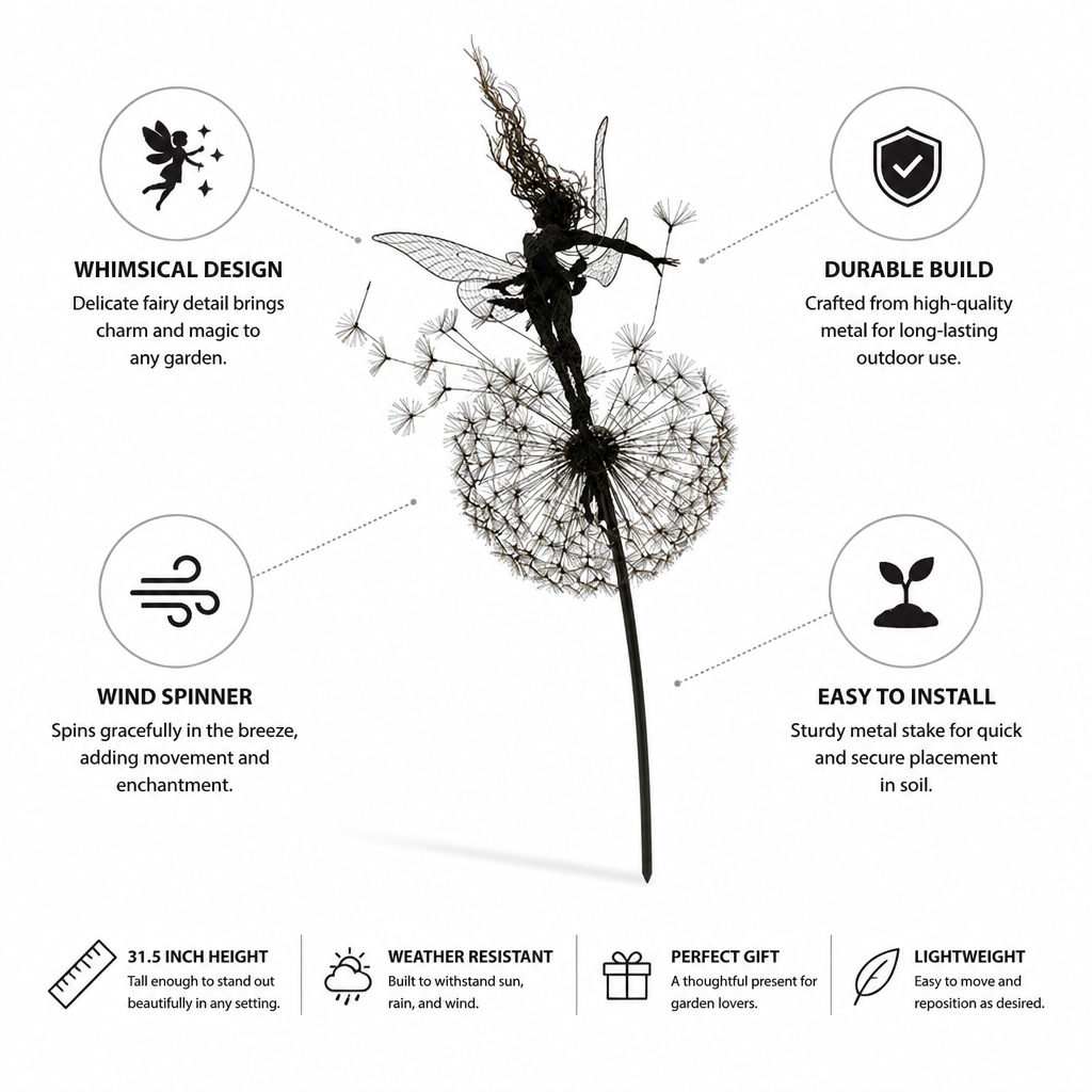 Piquet de jardin fée fantaisiste | Moulin à vent dansant avec tige en métal | Décoration extérieure charmante pour espaces enchanteurs