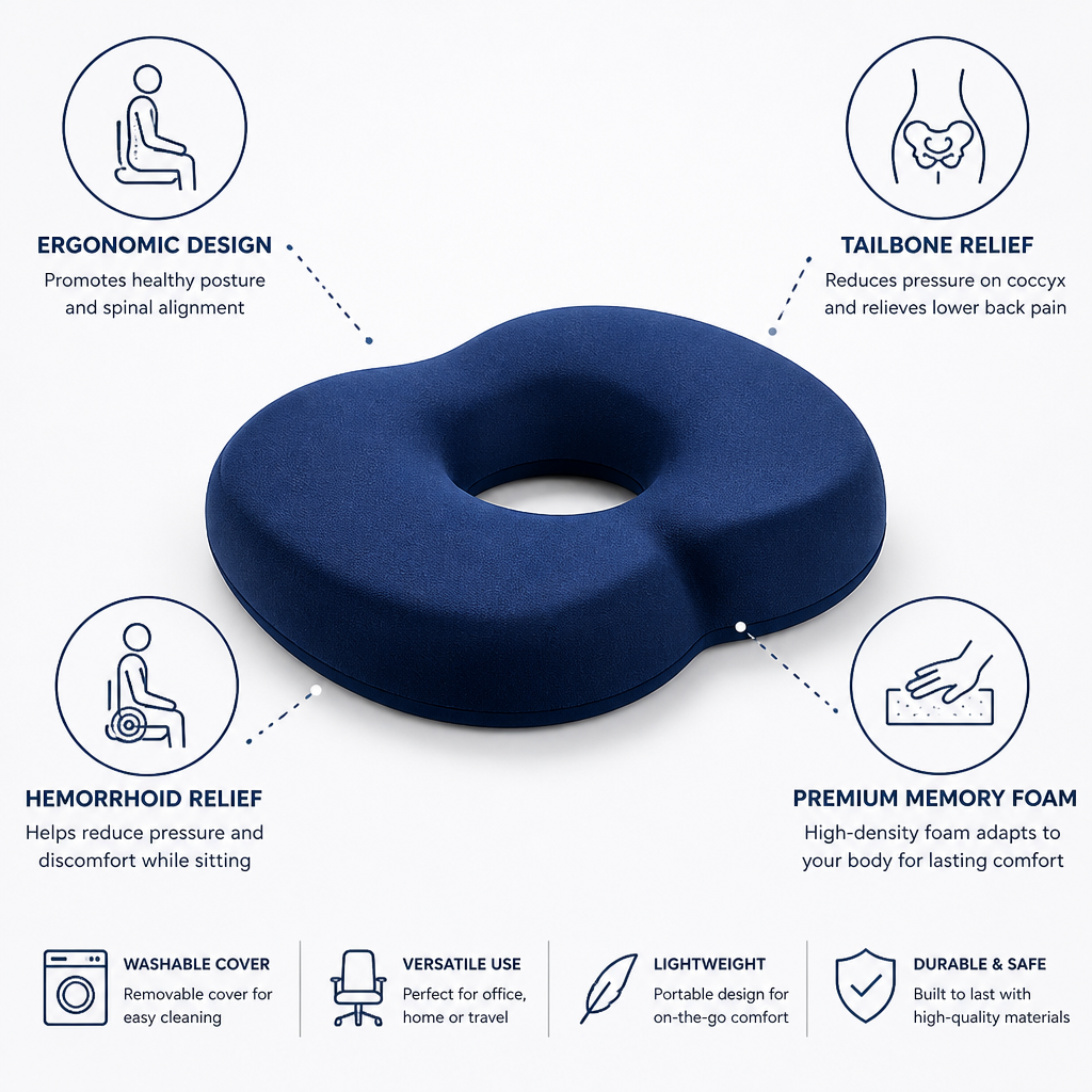 Comfort Cushion | Memory Foam Seat Cushion with Washable Cover | Tailbone Relief for Extended Sitting
