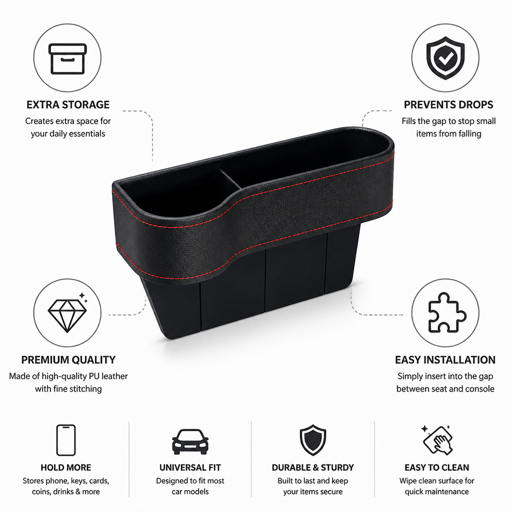 Universal Car Seat Gap Organizer | Faux Leather Storage Solution for Essentials