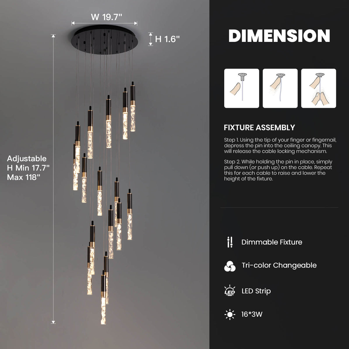 Cascading Crystal LED Ceiling Light 20 in Wide Adjustable Drop to 118 in Black Metal Frame Entryway Stairwell Multi-Story Fixture Dimmable R