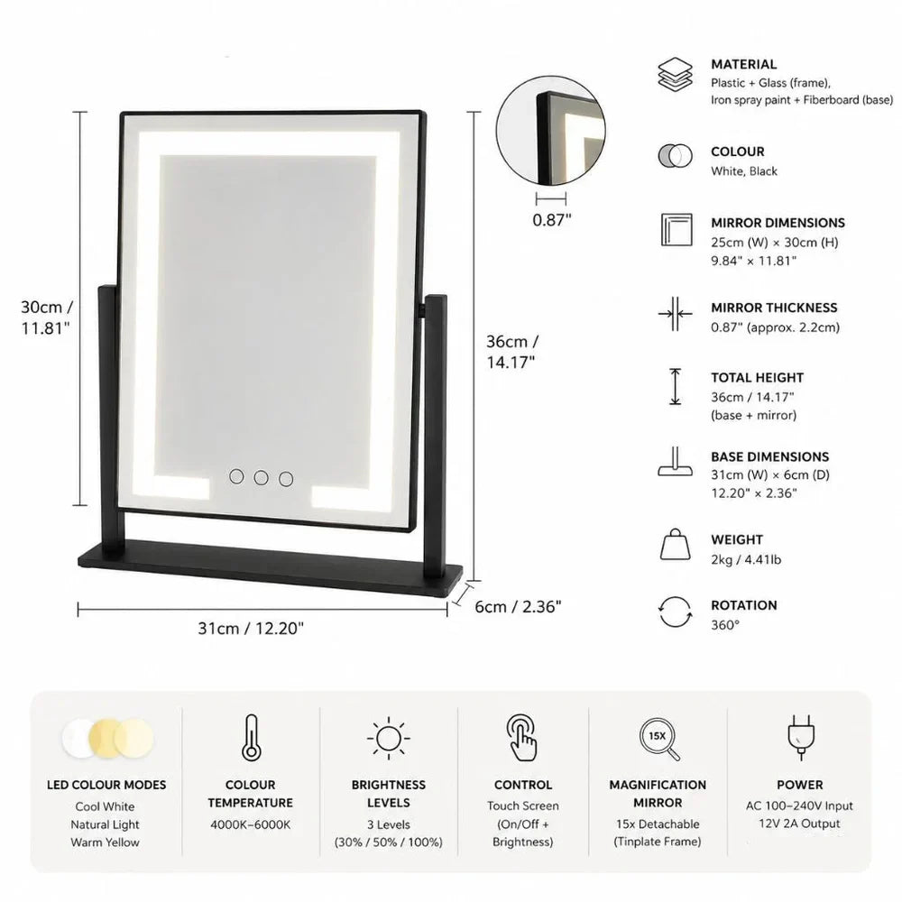 Miroir de maquillage sur pied à commande tactile avec trois modes d'éclairage et grossissement 15x amovible pour une application précise du maquillage