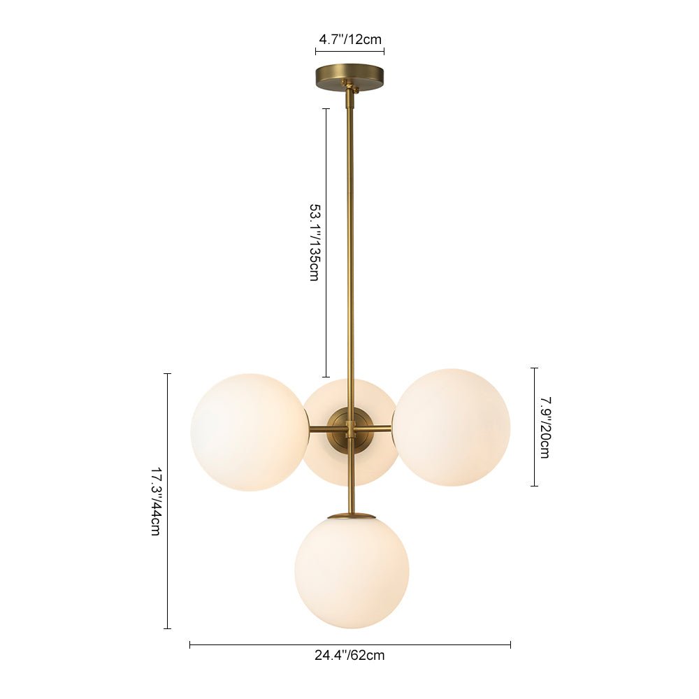 Four-Globe Frosted Glass Chandelier 24 in Brass or Black for Dining Table Kitchen Island Mid-Century Modern Adjustable Ceiling Light Fixture