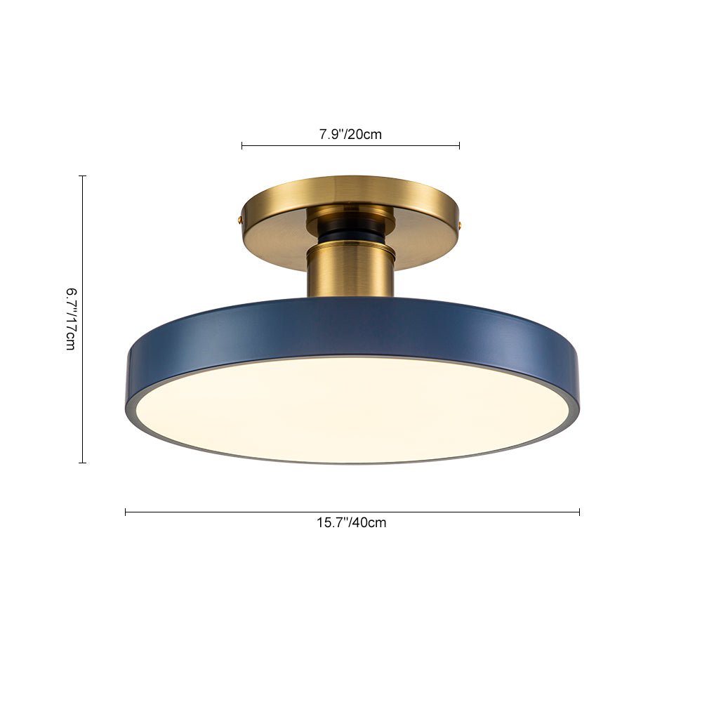 16-Inch Round LED Semi-Flush Ceiling Fixture Navy Blue with Brass Trim Dimmable 5 Color Temperatures for Bedroom Living Room Kitchen Hallway