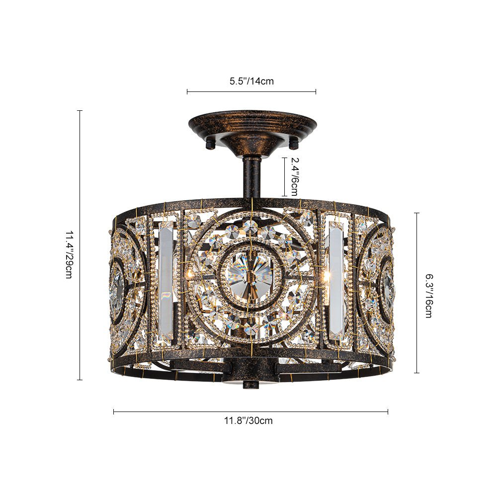 Plafonnier semi-encastré avec abat-jour tambour en cristal, 12 pouces, finition noire et dorée pour salle à manger, chambre, couloir, entrée, style vintage marocain