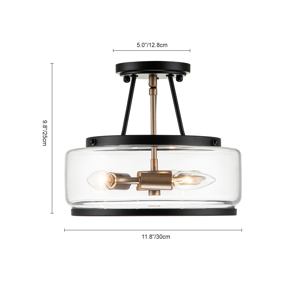 3-Light Clear Glass Ceiling Light Fixture Black Brass Farmhouse Drum Shade for Kitchen Bedroom Entryway Hallway Laundry Dining Room