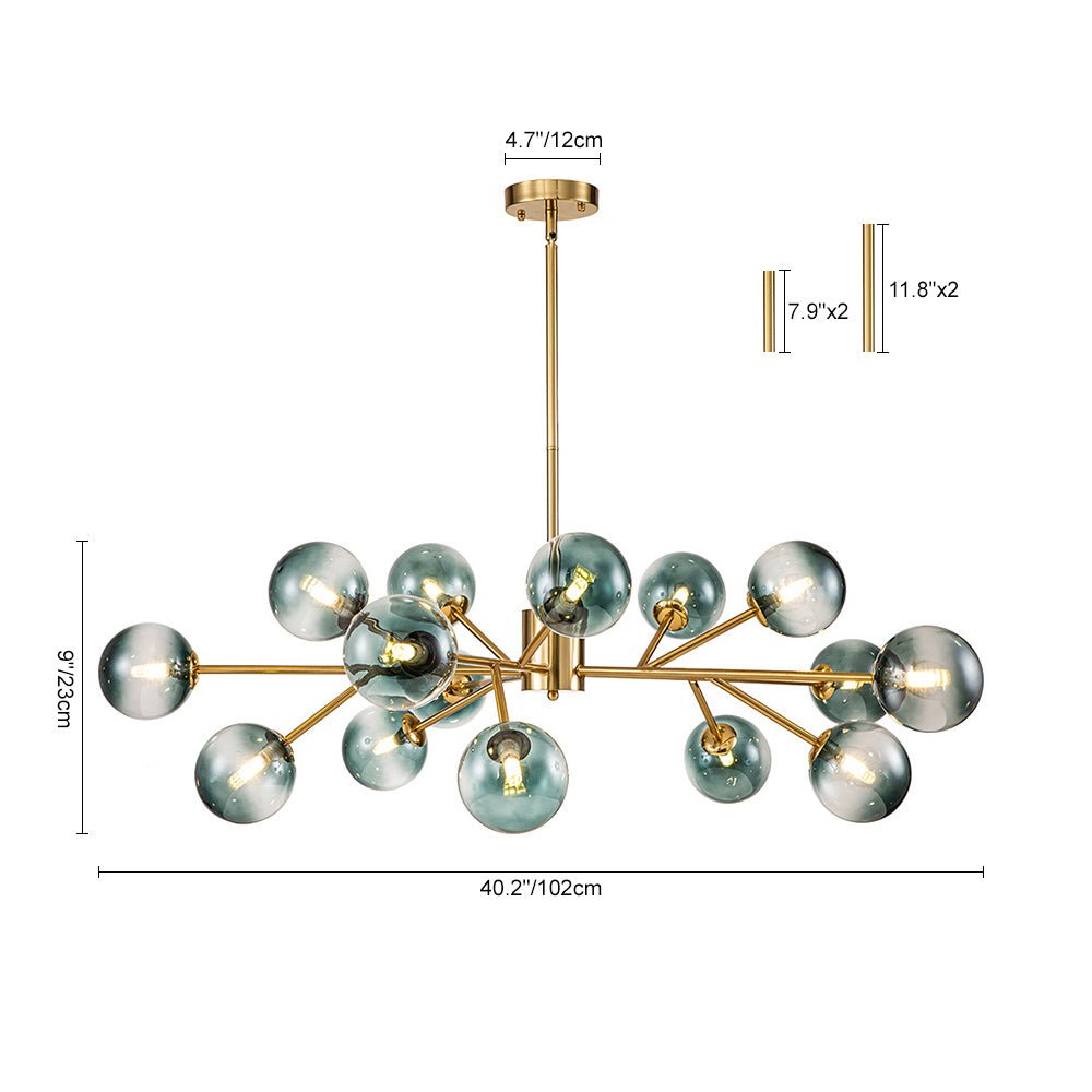 Mid-Century Modern Chandelier with 15 Blue Glass Orbs on Branching Arms for Dining Room & Living Room