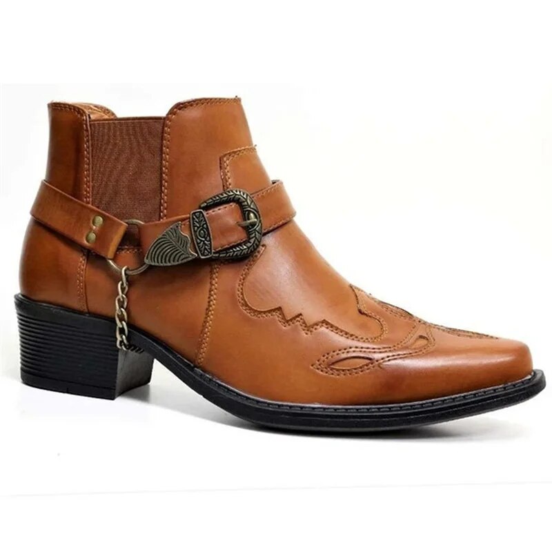 Men's Pointed-Toe Ankle Boots with Chain Detail – Leather Western Motorcycle Style for Urban Wear & Casual Outfits