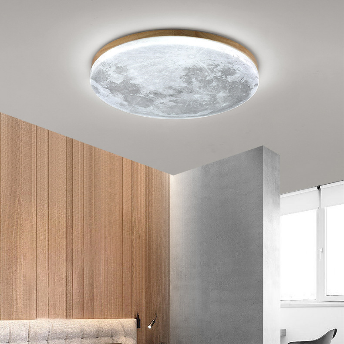 Round LED Ceiling Light Fixture with Dimmer – Wood Grain Finish Flush Mount for Bedroom & Living Room