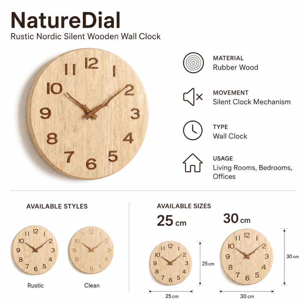 Whisper-Quiet Wooden Wall Clock – Handcrafted Timber Timepiece with Silent Sweep Movement for Living Room, Bedroom, Kitchen & Office Decor