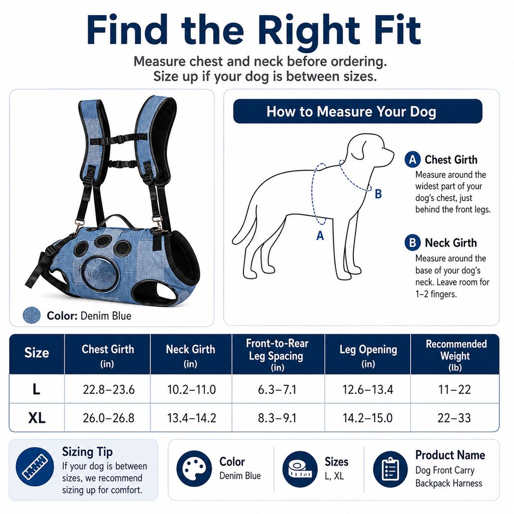 Ortekor PawLift Denim Hands-Free Dog Carrier Backpack Harness for Walks, Shopping & Outdoor Trips - Carry Tired Dogs Without Arm Strain