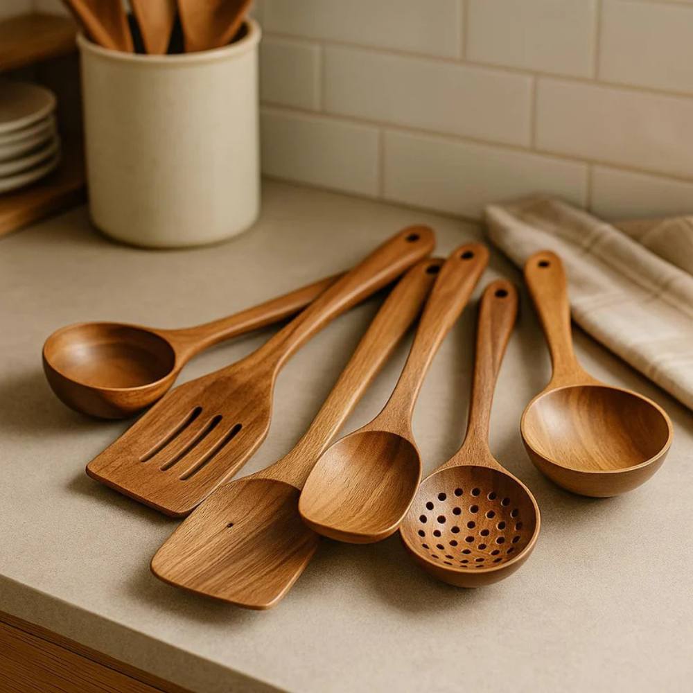 Ensemble d'ustensiles de cuisine rustiques en bois, durables et élégants