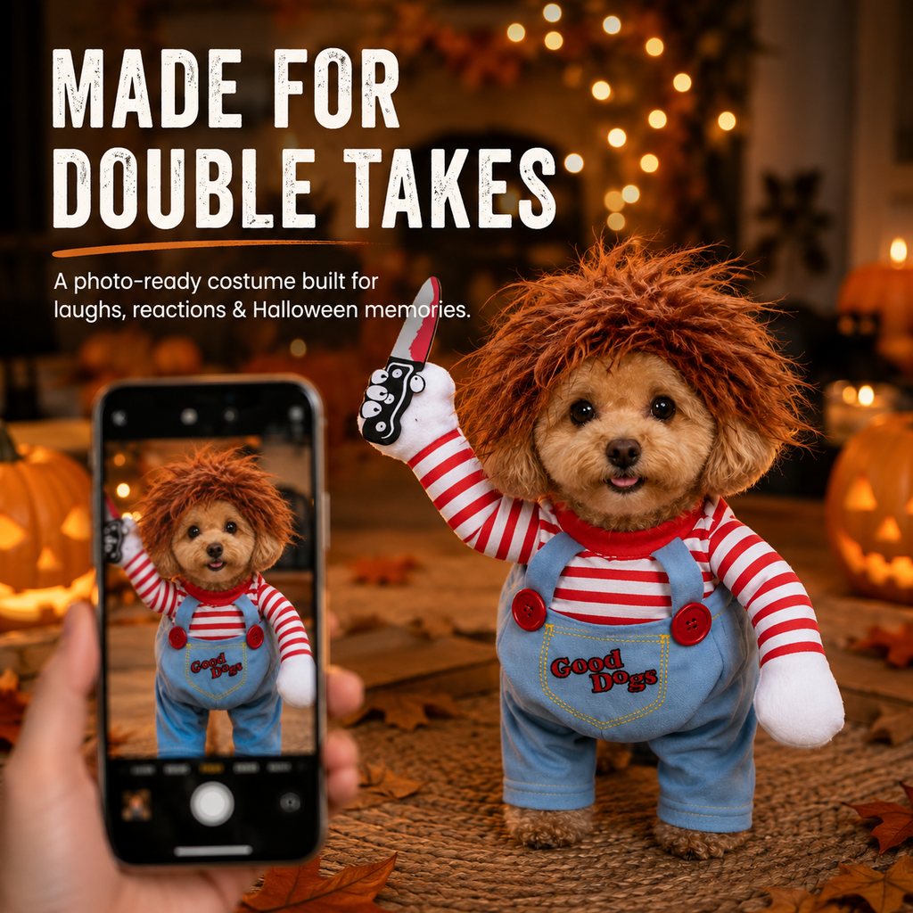 Ortekor Scary Doll Dog Halloween Costume with Wig & Toy Knife – 3-Piece Walking Illusion Set for Trick-or-Treating & Parties