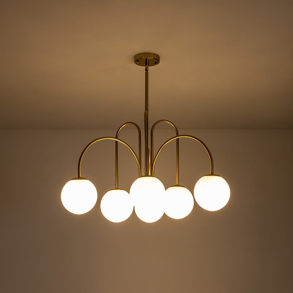 Ten-Globe Pendant Light with Frosted Glass Spheres & Curved Arms for Dining Rooms – Adjustable Height Fixture in Dual-Tone Metallic Finish,