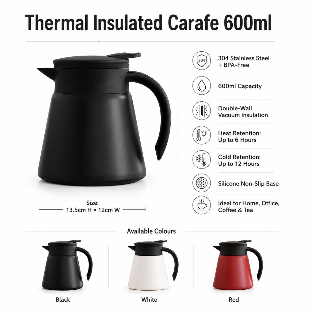 Stainless Steel Vacuum Carafe 20 oz – Double-Wall Insulated Coffee & Tea Server with Push-Button Spout for Kitchen, Office & Everyday Use