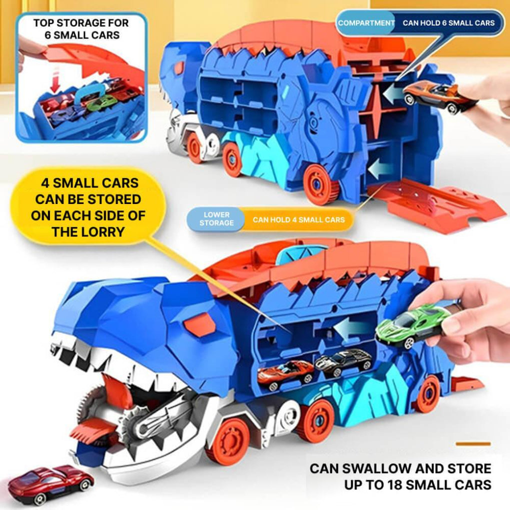 Ensemble de jouets camion dinosaure, transporteur de voitures Tyrannosaure pour 18 voitures, jouet piste de course 3 en 1 avec transformation en dinosaure