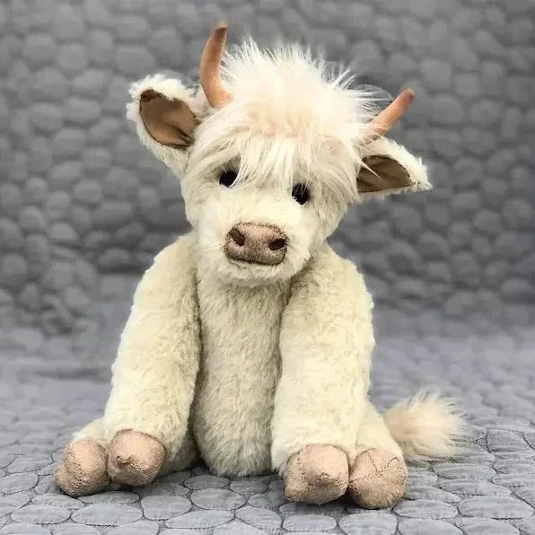 Handcrafted Highland Cow Plush with Floral Crown – Soft Alpaca Fiber Stuffed Animal Décor for Kids & Adults, Poseable Limbs & Head, Glass