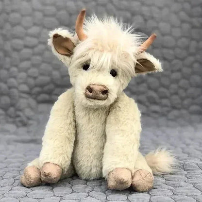 Handcrafted Highland Cow Plush with Floral Crown – Soft Alpaca Fiber Stuffed Animal Décor for Kids & Adults, Poseable Limbs & Head, Glass