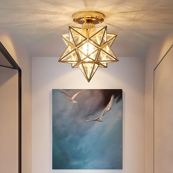 Flush Mount Star Ceiling Light Fixture Gold Metal E27 Socket 8 Inch Diameter Geometric Decor for Bedroom Hallway Entryway