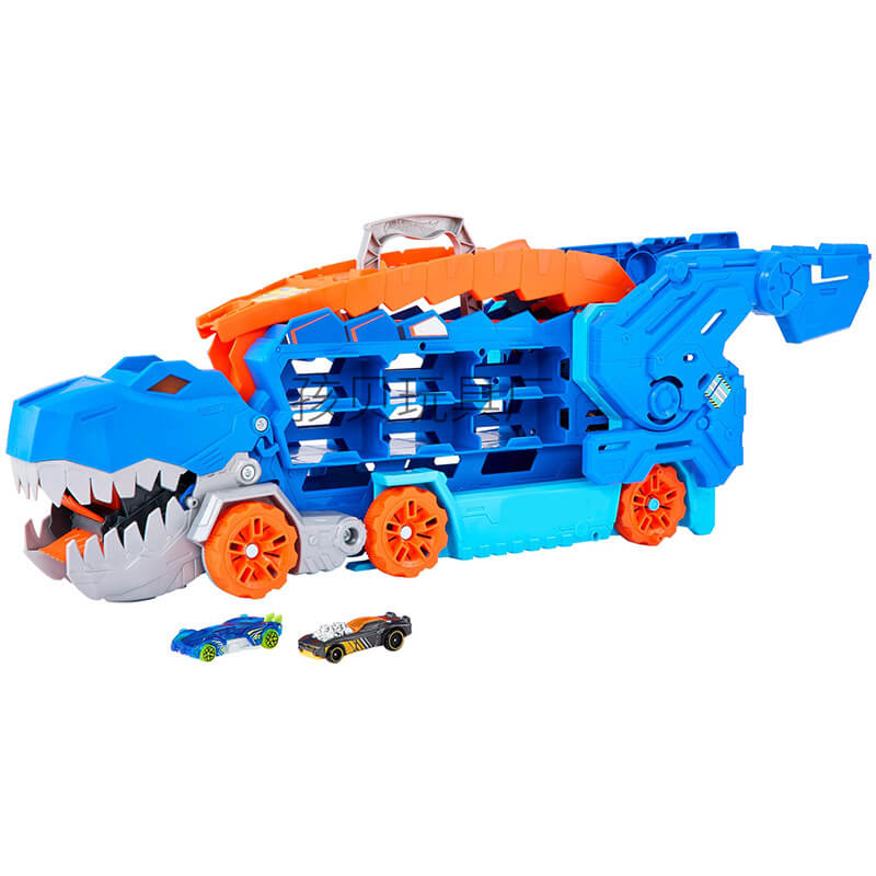 Camion transporteur de dinosaures avec circuit de course et petites voitures pour enfants - Transporteur T-Rex transformable 3-en-1 pour garçons et filles