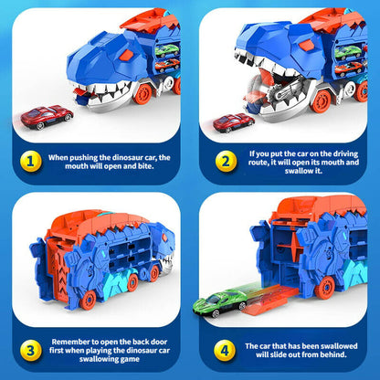 Camion transporteur de dinosaures avec circuit de course et petites voitures pour enfants - Transporteur T-Rex transformable 3-en-1 pour garçons et filles