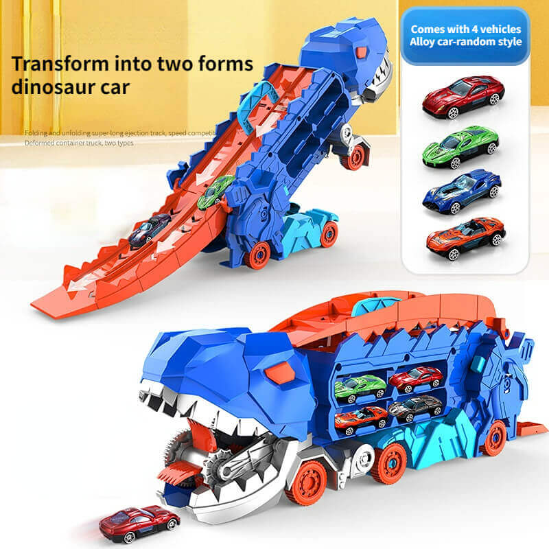 Camion transporteur de dinosaures avec circuit de course et petites voitures pour enfants - Transporteur T-Rex transformable 3-en-1 pour garçons et filles
