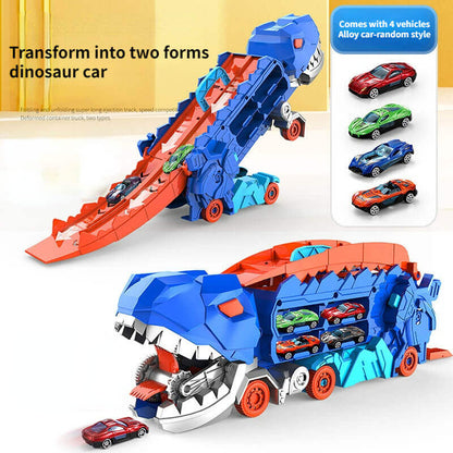 Camion transporteur de dinosaures avec circuit de course et petites voitures pour enfants - Transporteur T-Rex transformable 3-en-1 pour garçons et filles
