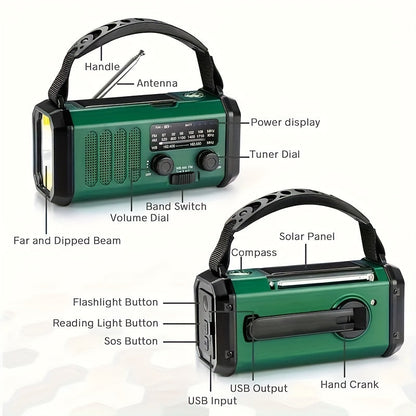 Radio météo d'urgence avec panneau solaire, manivelle, lampe de poche, batterie externe 10 000 mAh, AM FM NOAA, SOS, boussole, rechargeable USB-C pour camping et survie