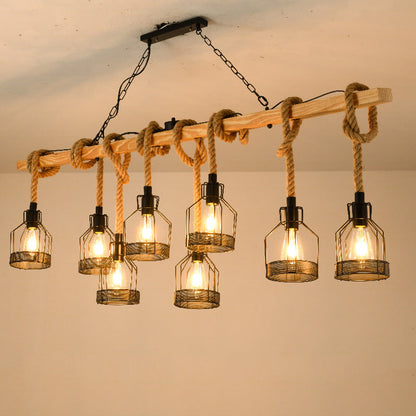 Suspension luminaire cage en métal avec détails en corde – Lustre industriel réglable pour îlot de cuisine, salle à manger et bar – Douille E27