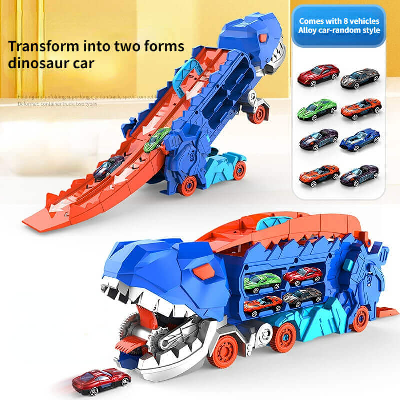 Camion transporteur de dinosaures avec circuit de course et petites voitures pour enfants - Transporteur T-Rex transformable 3-en-1 pour garçons et filles