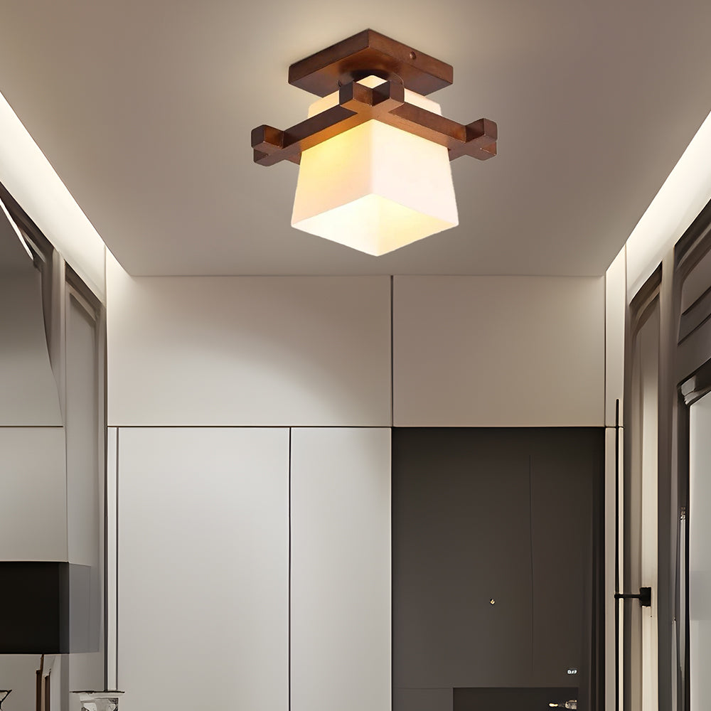Square Flush Mount Ceiling Light Fixture with Wood Accent, White Shade, E27 Socket for Bedroom, Hallway, Living Room, Minimalist Home Lighti