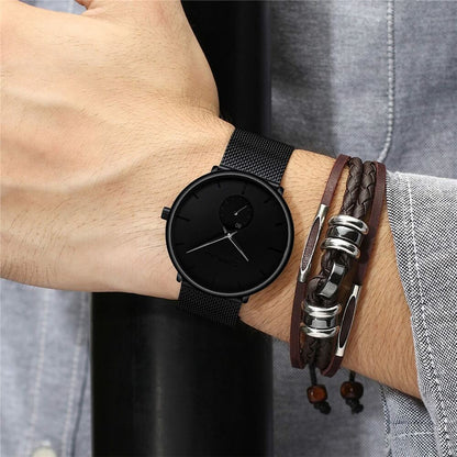 Men's Minimalist Dress Watch with Textured Dial – Slim 7mm Case, Scratch-Resistant Crystal, Water Resistant Quartz Movement for Business &