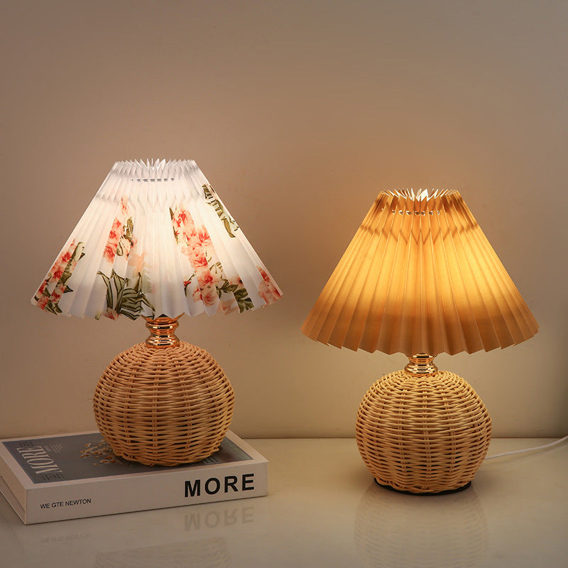 Nordic Rattan Table Lamp with Fabric Shade, USB Powered & Infinitely Dimmable LED Light for Bedroom, Living Room, Study