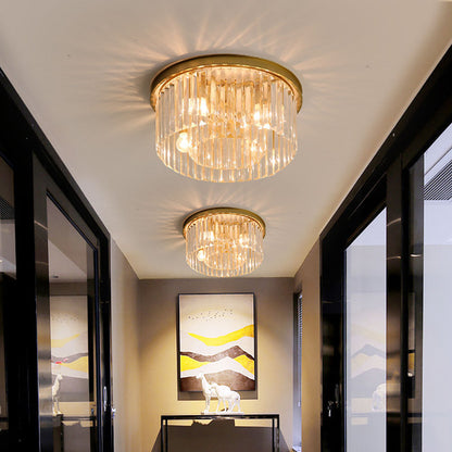 Flush Mount Crystal Chandelier 16 Inch Gold Round Overhead Light for Entryway Bedroom Dining Room 4-Bulb Semi-Flush Fixture Metallic Frame