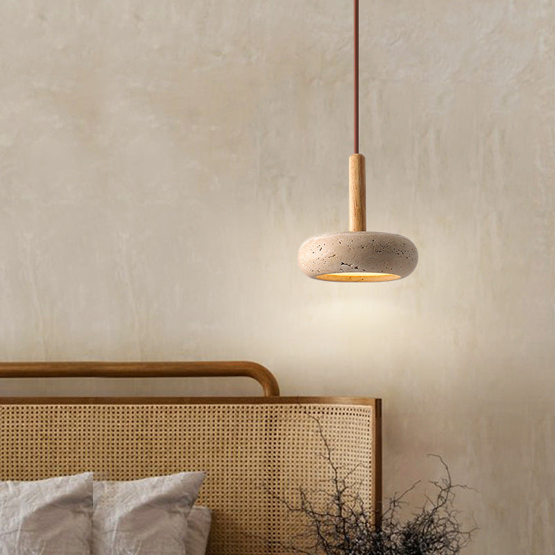 Japanese-Inspired Pendant Light with Yellow Travertine Shade & Wood Accent – Integrated LED Ceiling Fixture for Living Room, Bedroom