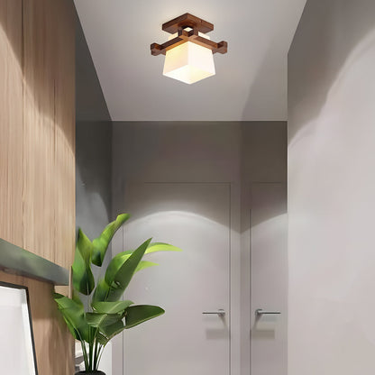 Square Flush Mount Ceiling Light Fixture with Wood Accent, White Shade, E27 Socket for Bedroom, Hallway, Living Room, Minimalist Home Lighti