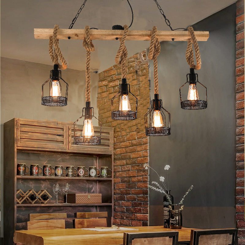 Suspension luminaire cage en métal avec détails en corde – Lustre industriel réglable pour îlot de cuisine, salle à manger et bar – Douille E27