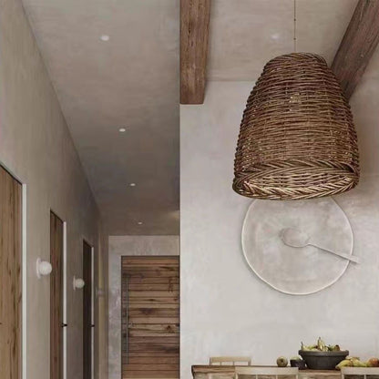 Handwoven Rattan Dome Pendant Light for Dining Room and Bedroom – Natural Brown Finish – E27 Socket – Adjustable Cord Ceiling Fixture