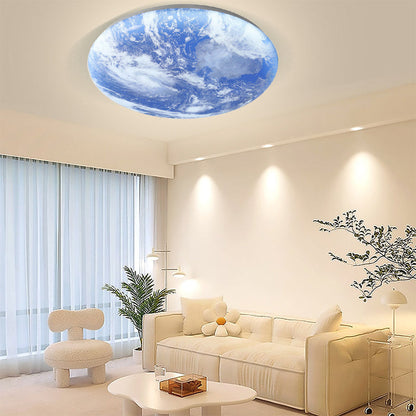 Round Flush Mount LED Fixture Moon Surface Wood & Acrylic 19 in Diameter Low Profile for Bedroom Living Room Hallway Ambient Lighting Japand