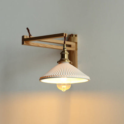 Applique murale articulée en bois avec abat-jour en verre nervuré – Lampe de lecture réglable pour chambre, couloir et salon au style moderne et Japandi