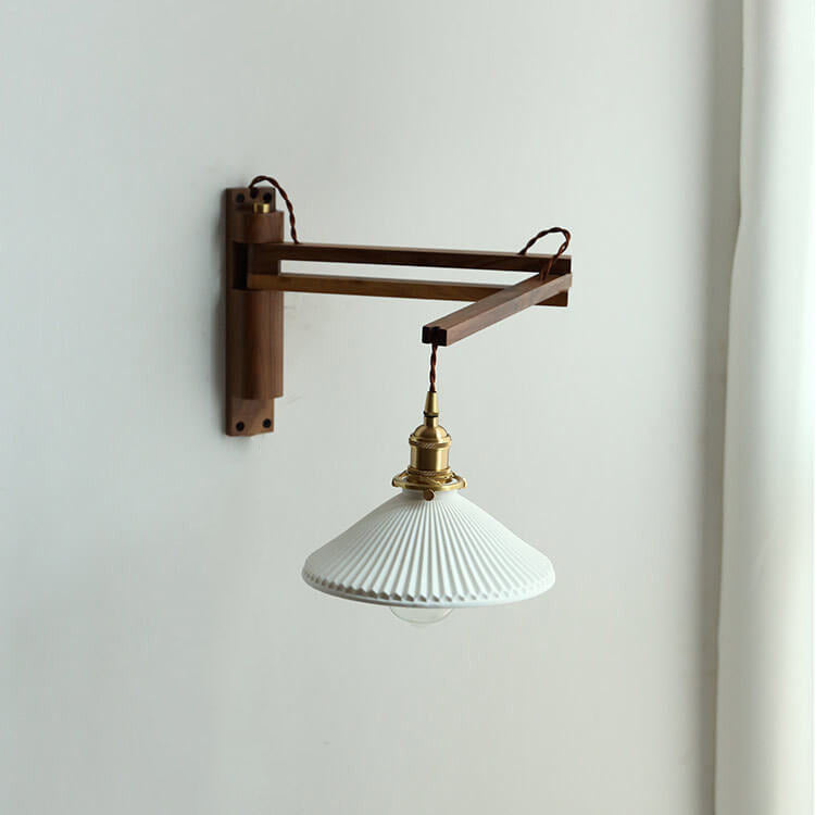 Applique murale articulée en bois avec abat-jour en verre nervuré – Lampe de lecture réglable pour chambre, couloir et salon au style moderne et Japandi