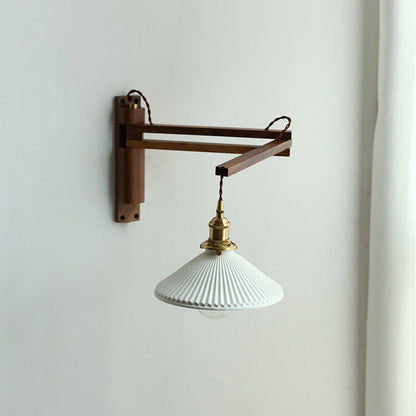 Applique murale articulée en bois avec abat-jour en verre nervuré – Lampe de lecture réglable pour chambre, couloir et salon au style moderne et Japandi