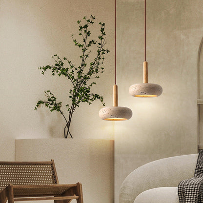Japanese-Inspired Pendant Light with Yellow Travertine Shade & Wood Accent – Integrated LED Ceiling Fixture for Living Room, Bedroom