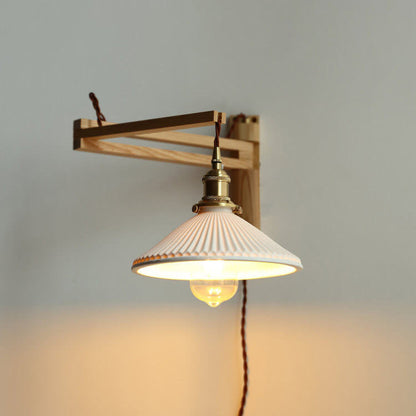 Extending Wall Sconce with Ribbed Glass Shade and Wood Arm for Bedroom, Living Room & Hallway Reading Light