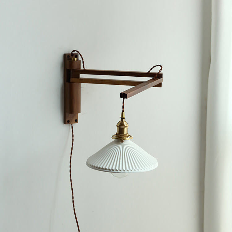 Applique murale articulée en bois avec abat-jour en verre nervuré – Lampe de lecture réglable pour chambre, couloir et salon au style moderne et Japandi