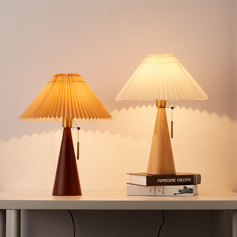 Wooden Bedside Lamp with Fabric Shade for Nightstand & Living Room Accent Lighting | 19 in Tall Asian-Inspired Design | Soft Glow E26 Base
