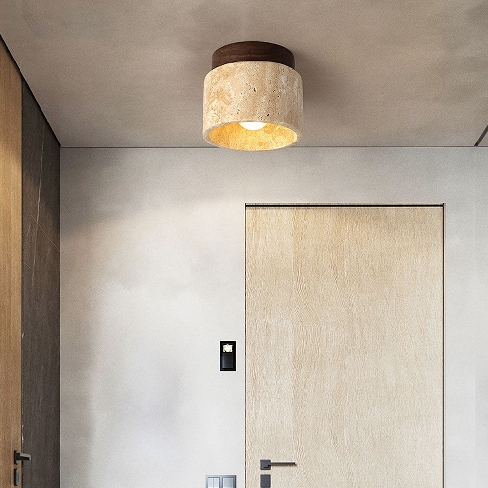 Plafonnier encastré en pierre naturelle avec détails en bois, culot E26, pour chambre, entrée, espace de vie, luminaire à profil bas, éclairage ambiant au plafond