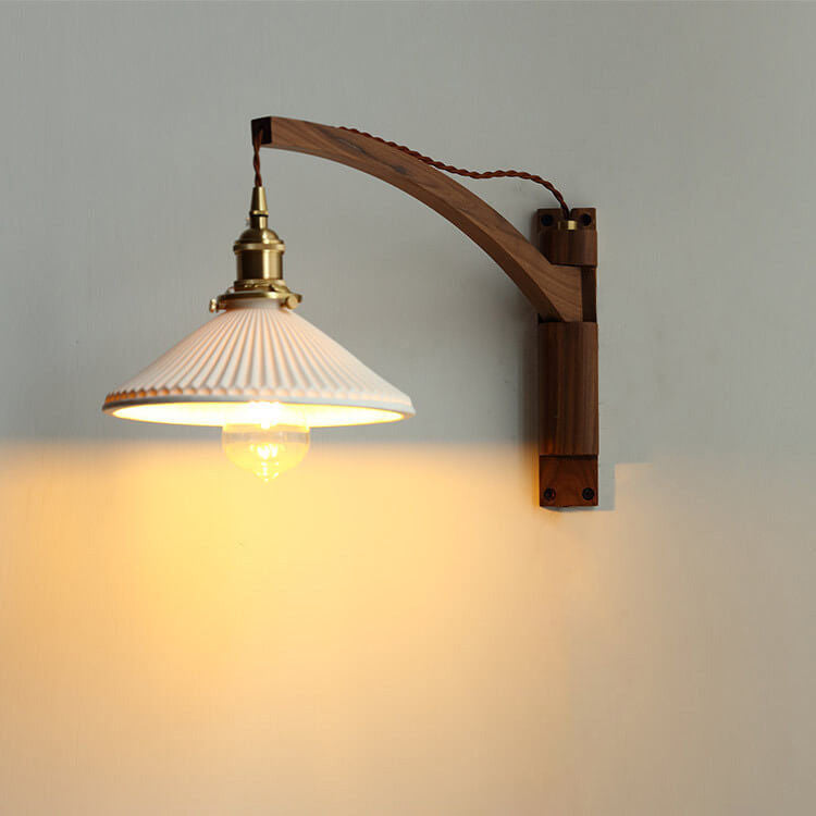 Swing-Arm Sconce with Ribbed Glass Shade 8.3 Inch Light Wood Walnut Brass Accent Fixture for Bedroom Hallway Entryway Reading Adjustable Mou